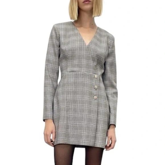 Zara Black & White Plaid Wrap Front Rhinestone Button Blazer Mini Dress - XS - Picture 1 of 16